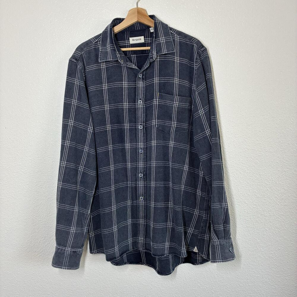 Borgo28 Shirt Mens XL Blue Plaid Flannel Cotton Button Up Long Sleeve Casual